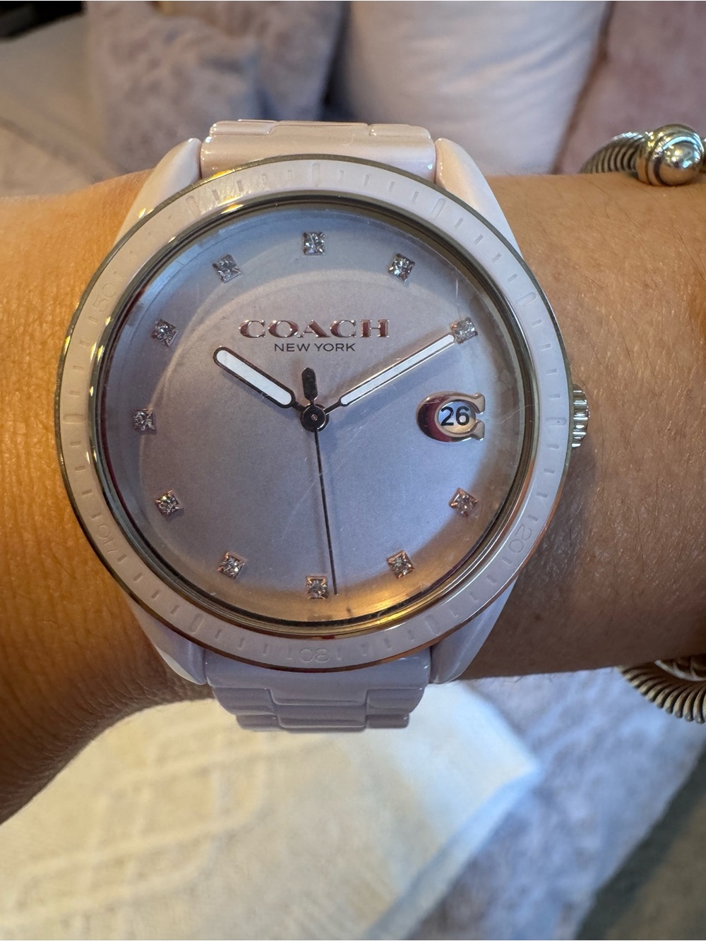 Coach Preston 14503264 Pink Ceramic Band Swarovski Crystal Date Women's Watch